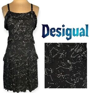 DESIGUAL black slip dress with silver sparkle outer space star constellations S
